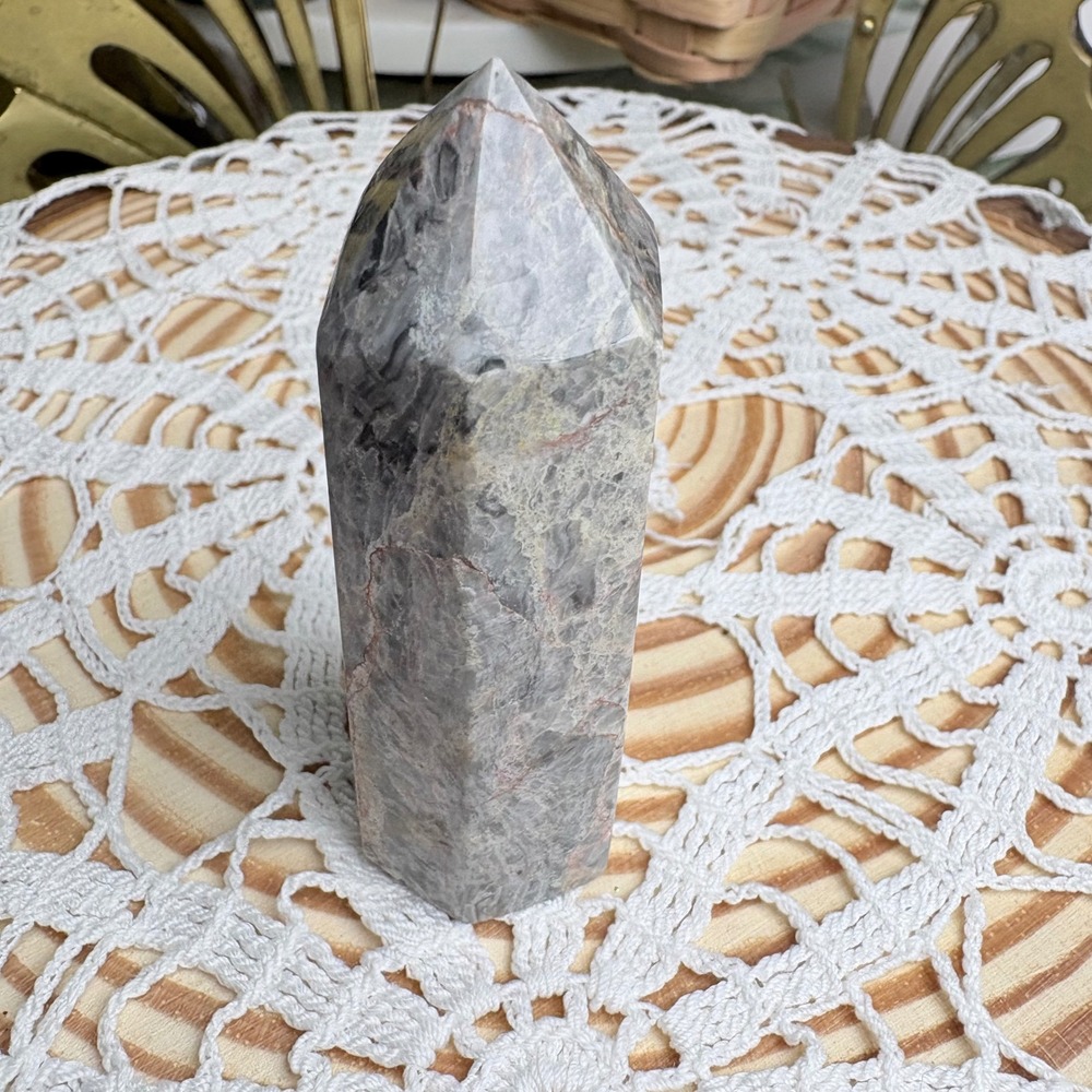 Gray Jasper* with Red Veining Crystal Point Tower Polished Stone 100g